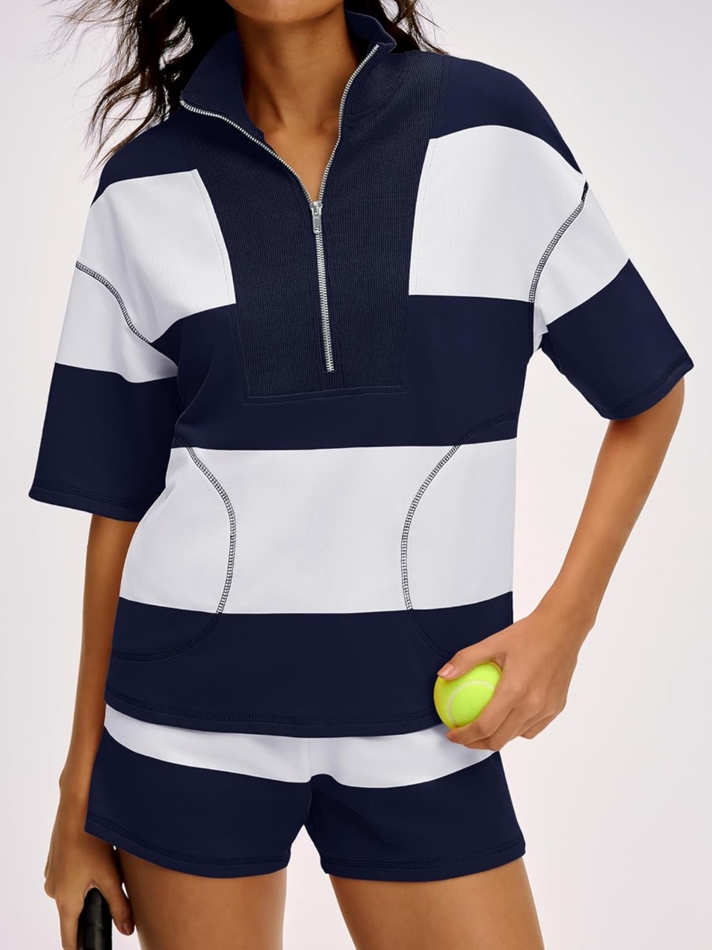 Coastal Navy Stripe Quarter Zip Top & Shorts Set - Picture 3 of 13